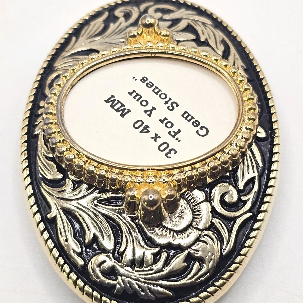 Western‎ Floral Belt Buckle Gold Black Oval 30x40mm Gemstone Setting Made in USA